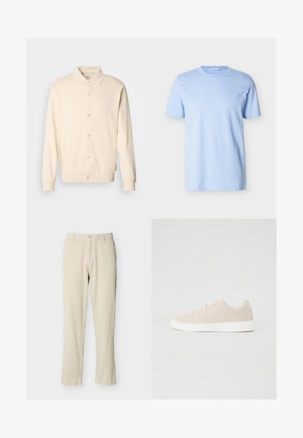 Crème-kleurige overhemdtrui met lange mouwen, een kraag en geribbelde manchetten. Gladde textuur, minimalistisch ontwerp.; Lichtblauw T-shirt met korte mouwen en ronde hals, voorzien van een subtiele horizontale streepjesstructuur, getoond tegen een effen witte achtergrond.; Beige rechte broek met riemlussen, knoopsluiting en voorzakken, afgebeeld op een effen witte achtergrond.; Beige suède sneakers met witte rubberen zolen, ronde neus en zes veterogen. Gladde textuur met minimalistisch ontwerp.