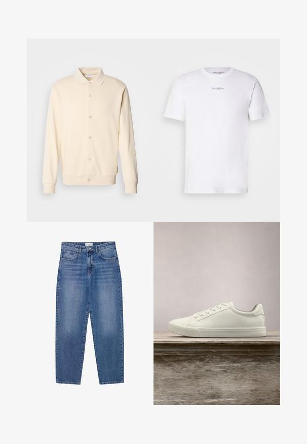 Cremefarvet button-up sweatshirt med lange ærmer, kravehals og ribbede manchetter. Glat tekstur, minimalistisk design.; Hvid kortærmet t-shirt lavet af bomuld med rund hals. Fås med "Marc O'Polo" logo i sort på brystet. Glat tekstur, minimalistisk design.; Blå denim jeans med høj talje, lige ben design og slidte finish. Har fem lommer og en knaplukning.; Hvide snørresneakers svævende over en træbænk med grønne planter i baggrunden, der fremhæver skodesign og tekstur.