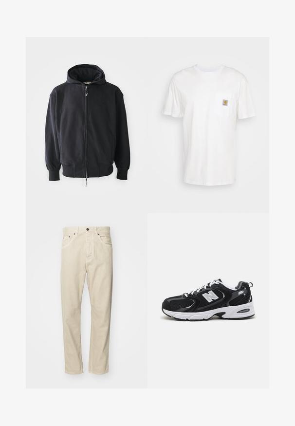 Schwarzer Zip-Hoodie aus weichem Stoff, mit Kapuze und Kordelzug, langen Ärmeln und Fronttaschen. Dezentes Logo auf der Brust.; Weißes Baumwoll-T-Shirt mit kurzen Ärmeln, einer Brusttasche und einem kleinen quadratischen Logopatch in Orange und Weiß auf der Tasche.; Beige Baumwollhose mit geradem Bein, fünf Taschen und Metallakzenten. Glatte Textur mit minimalen Nähdetails.; Schwarze und graue Sportschuhe mit Obermaterial aus Mesh und Wildleder, ausgestattet mit einer weißen Zwischensohle, Schnürsenkeln und einem markanten "N"-Logo an der Seite.