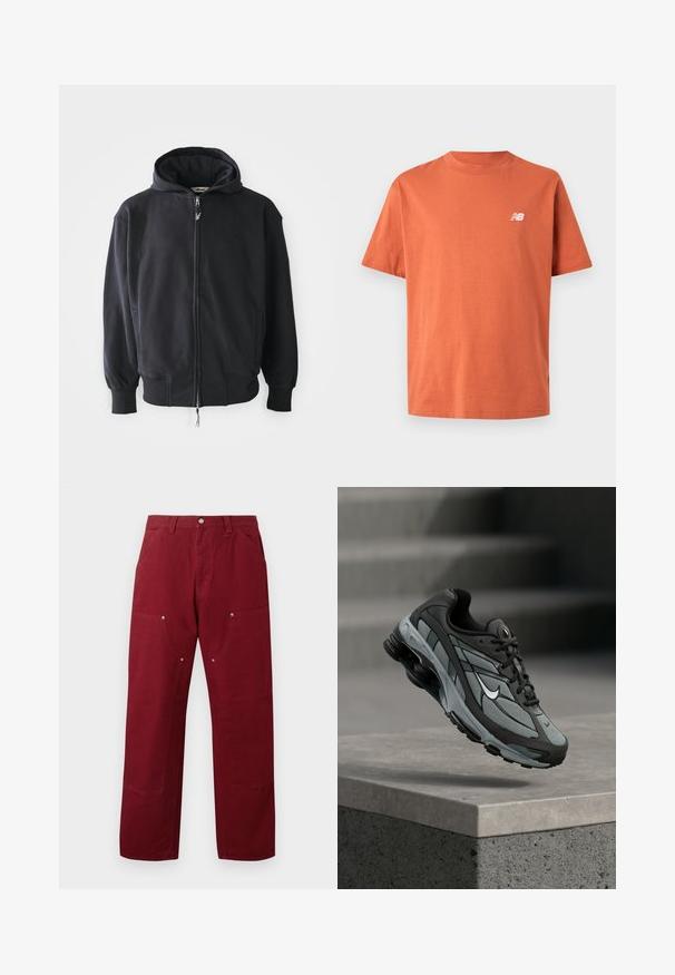 Čierna mikina s kapucňou na zips z mäkkého materiálu, s kapucňou so šnúrkou, dlhými rukávmi a prednými vreckami. Jemné logo na hrudi.; Oranžové bavlnené tričko s okrúhlym výstrihom, krátkymi rukávmi a malým bielym logom na ľavej strane hrude. Hladká, ľahká textúra.; Burgundské bavlnené nohavice so rovný strihom, ktoré majú dve predné vrecká, strieborné kovanie a akcenty na kolenách. Hladká textúra, stredná hmotnosť.; Šedá a čierna športová teniska s panelmi z sieťoviny a hrubou podrážkou, umiestnená vo vzduchu nad betónovým obrubníkom a schodmi v pozadí.