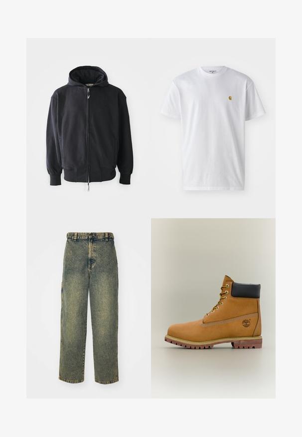 Zwarte hoodie met rits gemaakt van zachte stof, voorzien van een capuchon met trekkoord, lange mouwen en voorzakken. Subtiel logo op de borst.; Witte katoenen t-shirt met korte mouwen en ronde hals, voorzien van een klein gouden logo op de linkerkant van de borst. Zachte textuur en een normale pasvorm.; Baggy denim jeans in een vervaagde blauwe en groene was. Heeft een knoopsluiting, riemlussen en zijzakken. Vlakke voorkant en rechte pijpen.; Bruine leren enkellaars met zwarte kraag, gele veters en een zandkleurige zool. Voorzien van een logo en witte stikseldetails. Robuuste loopzool met grip.