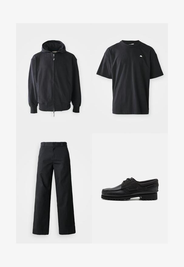 Schwarzer Zip-Hoodie aus weichem Stoff, mit Kapuze und Kordelzug, langen Ärmeln und Fronttaschen. Dezentes Logo auf der Brust.; Schwarzes Baumwoll-T-Shirt mit lockerem Schnitt, kurzen Ärmeln, Rundhalsausschnitt und einem kleinen weißen Logoakzent auf der Brust. Glatte Textur.; Schwarze weit geschnittene Baumwollhose. Verfügt über einen Knopfverschluss, Gürtelschlaufen und Seitentaschen. Glatte Textur mit tailliertem Schnitt.; Schwarzer Schuh mit einem Obermaterial aus Leder, textilen Akzenten, runden Schnürsenkeln und einer strukturierten Gummisohle. Verfügt über Mokassin-Nähte und eine Markeninschrift.