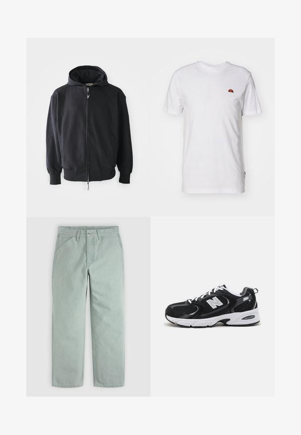 Zwarte hoodie met rits gemaakt van zachte stof, voorzien van een capuchon met trekkoord, lange mouwen en voorzakken. Subtiel logo op de borst.; Eenvoudig wit T-shirt met korte mouwen met een klein rood-oranje halve cirkel logo op het bovenste linkerborstgedeelte.; Lichtgroene broek met rechte pijpen, riemlussen, voorste knoop, rits en diagonale voorzakken op een effen achtergrond.; Zwarte en grijze sport schoenen met een bovenwerk van mesh en suede, voorzien van een witte tussenzool, veters en een gedurfde "N"-logo aan de zijkant.
