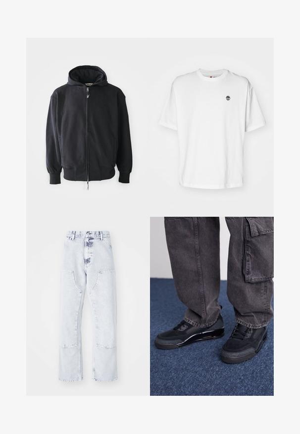 Schwarzer Zip-Hoodie aus weichem Stoff, mit Kapuze und Kordelzug, langen Ärmeln und Fronttaschen. Dezentes Logo auf der Brust.; Weißes Baumwoll-T-Shirt mit rundem Halsausschnitt und kurzen Ärmeln, sowie einem kleinen schwarzen Baum-Logo auf der linken Brust. Weicher Stoff, lockere Passform.; Hellblaue Denim-Jeans im Straight-Leg-Schnitt mit aufgesetzten Taschen, hoher Taille und einem verwaschenen Finish. Mit tonalem Nähen und einem lässigen Schnitt.; Schwarze Sportschuhe mit einer strukturierten Oberfläche, glatten Akzenten und einer chunky Sohle, kombiniert mit dunklen, lässig sitzenden Cargo-Hosen.