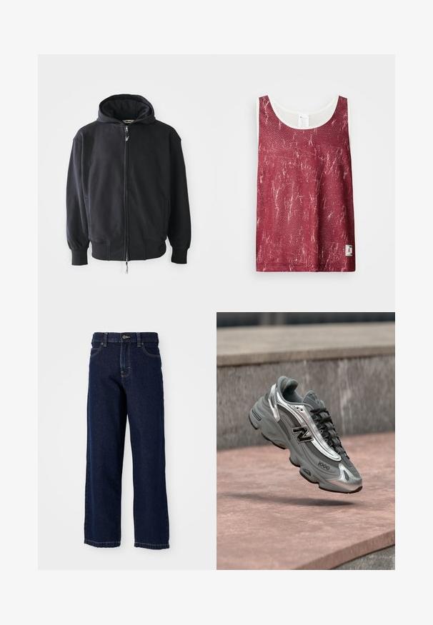 Schwarzer Zip-Hoodie aus weichem Stoff, mit Kapuze und Kordelzug, langen Ärmeln und Fronttaschen. Dezentes Logo auf der Brust.; Rotes Netz-Tanktop mit einem leicht verblassten, abgenutzten Muster. Verfügt über weiße Besätze entlang des Ausschnitts und der Armlöcher sowie ein kleines Logotag an der Unterseite.; Dunkelblaue Jeans mit weitem Bein aus Denim, gerader Schnitt, Fünf-Taschen-Design und Abschlussnähten entlang des Saums.; Grauer und silberner New Balance Sneaker mit der Aufschrift "1000", der über einer rosa-steinernen Oberfläche vor einem grauen Steinmauer-Hintergrund schwebt.