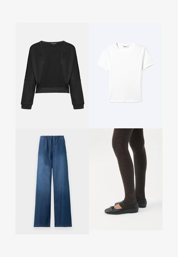Zwarte cropped jas met lange mouwen, open voorkant en een textuur gebreide inzet. Glad materiaal met een relaxte, loose fit en elastische manchetten.; Effen wit T-shirt met korte mouwen en ronde hals met een klein "WEEKDAY" label aan de binnenkant van de hals, plat neergelegd op een lichte achtergrond.; Blauwe denim broek met wijde pijpen, elastische tailleband en aantrekkoord, zonder zichtbare zakken of versieringen, afgebeeld tegen een effen achtergrond.; Benen met donkere geribbelde leggings gecombineerd met zwarte ballerina's met kleine strikdetails op een witte achtergrond.