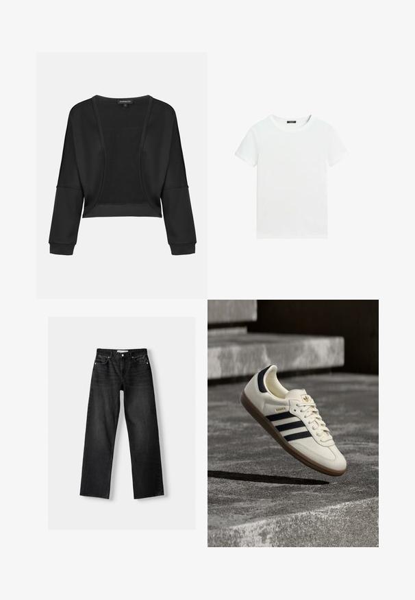 Veste noire cropped avec manches longues, devant ouvert et un panneau en tricot texturé. Tissu lisse avec une coupe décontractée et ample, et des poignets élastiques.; T-shirt blanc uni à manches courtes avec un col rond et une petite étiquette noire à l’intérieur du col.; Bershka Jean droit - mottled dark grey; Baskets blanches Adidas Samba avec des bandes noires et une semelle en gomme, flottant au-dessus de marches en béton gris texturé.