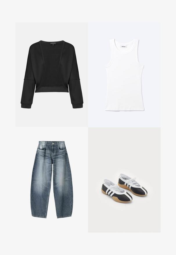 Veste noire cropped avec manches longues, devant ouvert et un panneau en tricot texturé. Tissu lisse avec une coupe décontractée et ample, et des poignets élastiques.; Débardeur blanc côtelé sans manches avec encolure ronde et une petite étiquette indiquant "WEEKDAY" à l'intérieur du col.; Jean large en denim bleu clair avec décoloration, présentant un design à cinq poches, un bouton de fermeture et des détails de couture minimaux.; Baskets de sport noir et blanc au design élégant, semelle en caoutchouc, fermeture à lacets et trois rayures blanches sur les côtés.