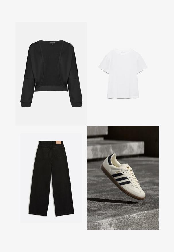 Zwarte cropped jas met lange mouwen, open voorkant en een textuur gebreide inzet. Glad materiaal met een relaxte, loose fit en elastische manchetten.; Effen wit T-shirt met korte mouwen en ronde hals, met een rechte zoom, gepresenteerd tegen een witte achtergrond.; Zwarte jeans met wijde pijpen, van achteren gezien met twee achterzakken en een bruin leren merkpatch op de tailleband.; Witte Adidas Samba sneaker met zwarte strepen en gumzool, zwevend boven gestructureerde grijze betonnen treden.