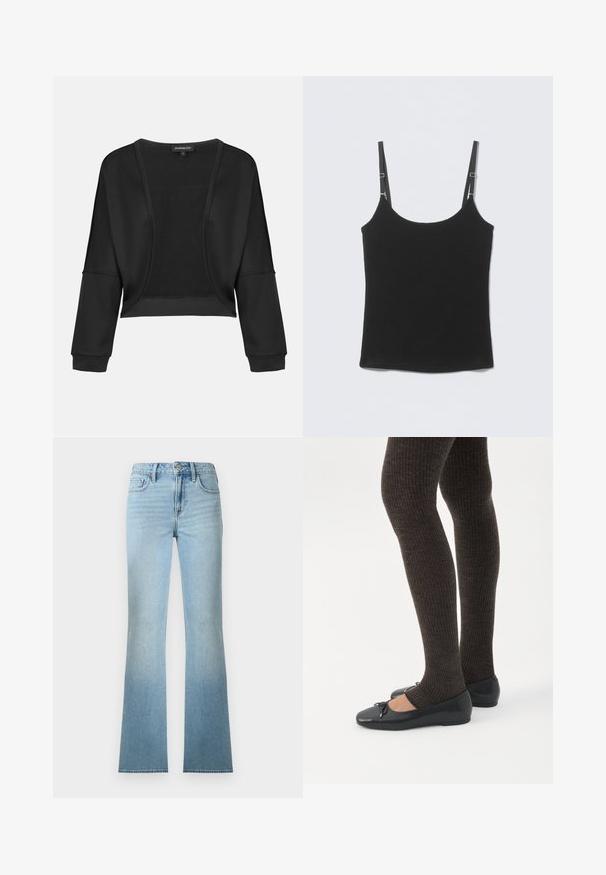 Veste noire cropped avec manches longues, devant ouvert et un panneau en tricot texturé. Tissu lisse avec une coupe décontractée et ample, et des poignets élastiques.; Débardeur noir côtelé avec fines bretelles réglables et encolure dégagée, posé à plat sur une surface gris clair.; Jean denim bleu clair taille haute à jambes droites avec poches avant et arrière, fermeture à boutons et passants pour ceinture.; Jambes portant des leggings côtelés foncés associés à des ballerines noires avec de petits détails en nœud sur fond blanc.