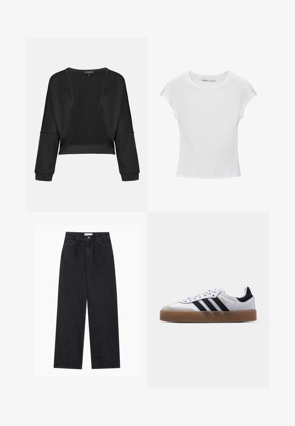 Veste noire cropped avec manches longues, devant ouvert et un panneau en tricot texturé. Tissu lisse avec une coupe décontractée et ample, et des poignets élastiques.; T-shirt en coton blanc avec manches courtes retroussées, encolure ronde et ourlet droit. Texture lisse sans motifs ni accents visibles.; Jeans en denim noirs taille haute à jambes larges avec fermeture à bouton et zip à l'avant, passants de ceinture et style à cinq poches.; Baskets en cuir blanc avec des rayures noires, semelle extérieure en caoutchouc beige, bout rond, fermeture lacée et embout en suède gris doux.