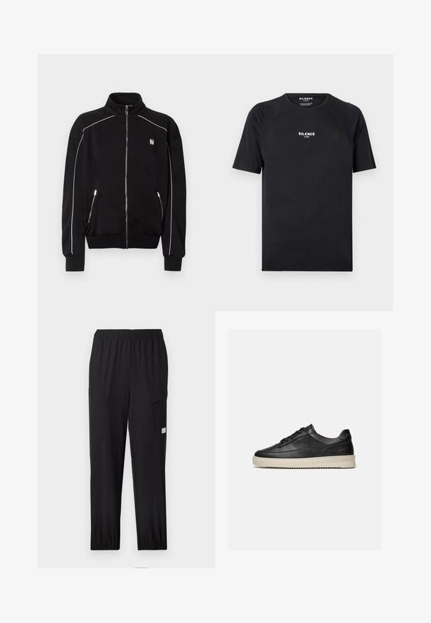 Veste noire à fermeture éclair intégrale avec col haut, passepoil blanc le long des épaules et des manches, poches latérales zippées, et petit logo blanc sur la poitrine.; T-shirt noir à manches courtes en tissu lisse, doté d'un col rond et d'un logo blanc "SILENCE" sur la poitrine.; Pantalon cargo noir avec une taille élastique, deux poches latérales et des poignets froncés. Confectionné en tissu léger et respirant.; Baskets basses en cuir noir avec des lacets noirs et une semelle en caoutchouc épaisse de couleur crème, présentées sur un fond blanc.