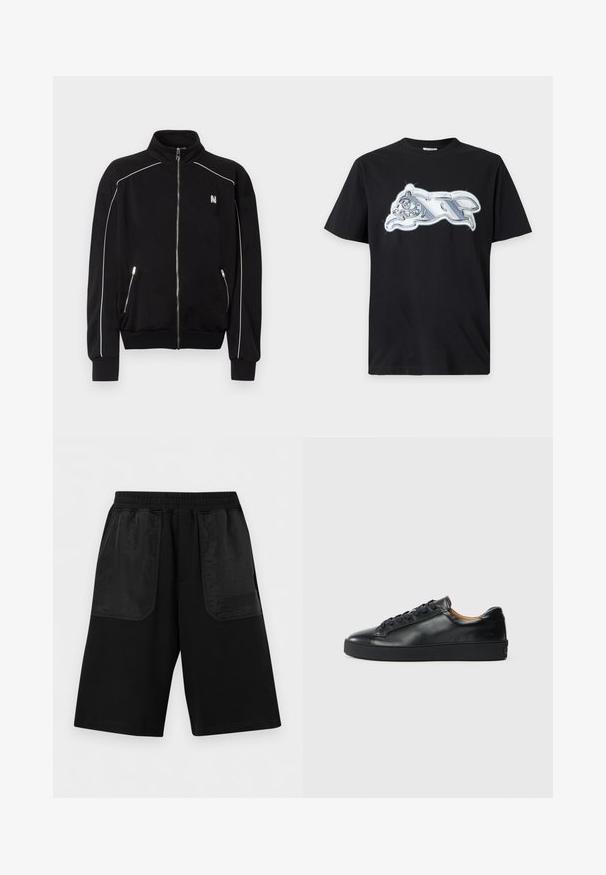 Veste noire à fermeture éclair intégrale avec col haut, passepoil blanc le long des épaules et des manches, poches latérales zippées, et petit logo blanc sur la poitrine.; T-shirt noir à manches courtes avec un graphisme métallique argenté brillant représentant un animal courant sur la poitrine.; Short noir arrivant aux genoux avec taille élastique et deux grandes poches avant en nylon, avec un logo subtil Versace Jeans Couture sur la poche droite.; Baskets en cuir noir avec une texture lisse, bout rond et fermeture à lacets. Comprend une semelle en caoutchouc épaisse et un minimum de détails de marque.
