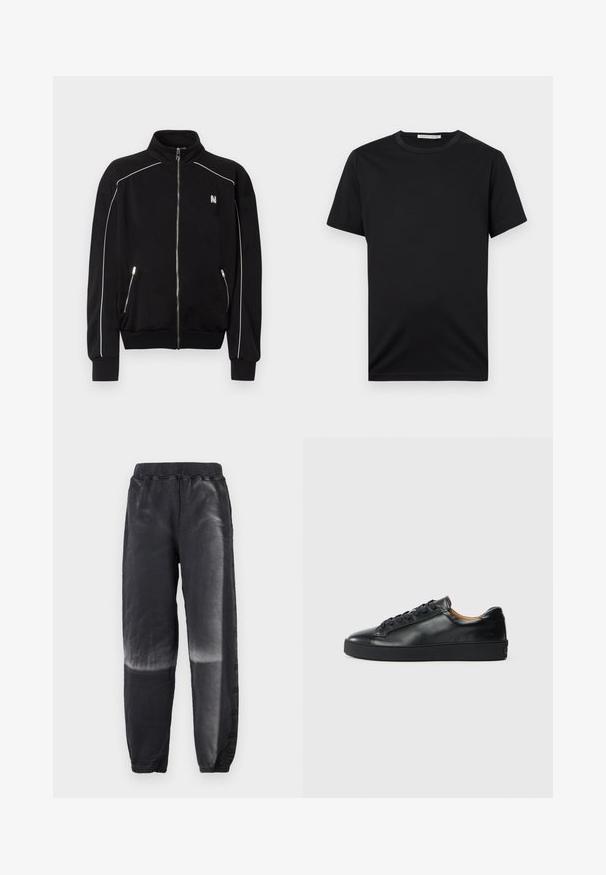 Veste noire à fermeture éclair intégrale avec col haut, passepoil blanc le long des épaules et des manches, poches latérales zippées, et petit logo blanc sur la poitrine.; T-shirt noir à manches courtes avec col rond, design uni, étiquette « Tiger of Sweden » à l'intérieur du col.; Jogging en polaire noire avec taille et poignets élastiques, présentant un effet dégradé estompé du milieu de la cuisse à la cheville sur les deux jambes.; Baskets en cuir noir avec une texture lisse, bout rond et fermeture à lacets. Comprend une semelle en caoutchouc épaisse et un minimum de détails de marque.