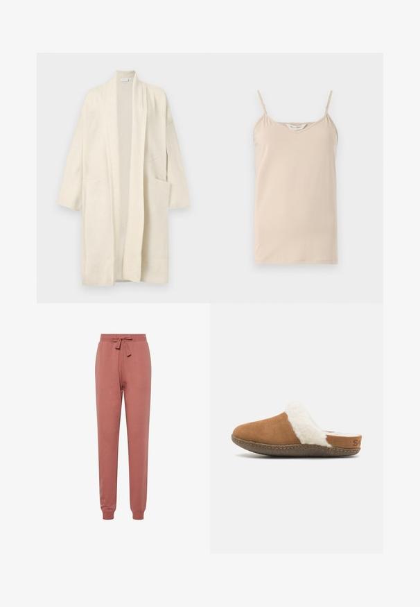 Pitkä vaalean beige auki oleva neuletakki, jossa on kaksi etutaskua ja leveät kaulukset, esillä valkoista taustaa vasten.; Beige cami-toppi, jossa on ohuet naruolkaimet ja V-pääntie, valmistettu pehmeästä kankaasta, jolla on sileä pinta ja suora helma.; Pehmeät vaaleanpunaiset collegehousut, joissa on naru vyötäröllä, elastiset hihnat ja rento istuvuus. Valmistettu kevyestä kankaasta, jolla on sileä rakenne.; Ruskea mokkasiinimallinen tossu, jossa on valkoinen pörröinen vuori ja teksturoitu pohja. Siinä on ommeltu reuna ja pieni brändäys yksityiskohta kantapäällä.