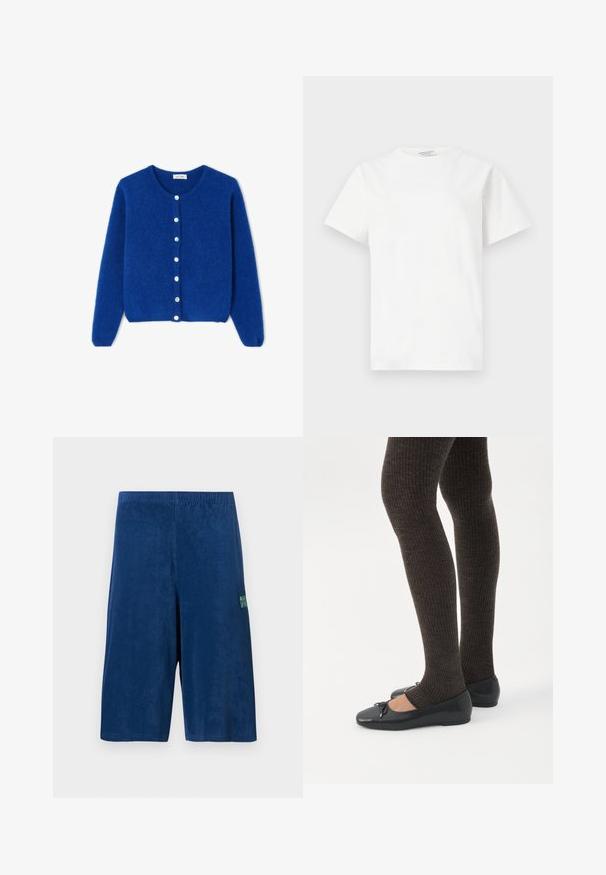 Blå, blød cardigan med lange ærmer, rund halsudskæring og syv hvide knapper ned foran, vist fladt på en hvid baggrund.; Hvid T-shirt med korte ærmer og rund hals med et lille, diskret præglogo på brystet, vist på ensfarvet baggrund.; Marineblå knælange shorts med elastisk taljebånd og lille grønt logo på højre lår, vist på ensfarvet baggrund.; Ben iført mørke ribbede leggings kombineret med sorte balletsko med små sløjfedetaljer på hvid baggrund.