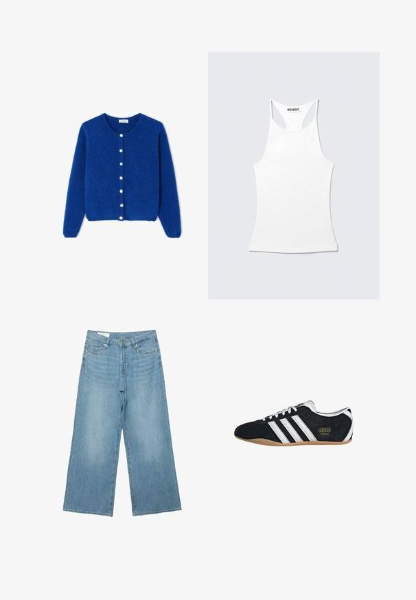 Blå, blød cardigan med lange ærmer, rund halsudskæring og syv hvide knapper ned foran, vist fladt på en hvid baggrund.; Hvid racerback tanktop med høj halsudskæring og et "WEEKDAY" mærke ved nakkestykket, lagt fladt på en lys baggrund.; Lyseblå vidde jeans med frontknap og lynlås, for- og baglommer samt bæltestropper.; Sort ruskinds sneaker med hvide tre striber, guldlogo og en brun gummisål. Har et lavprofil snørebåndsdesign.