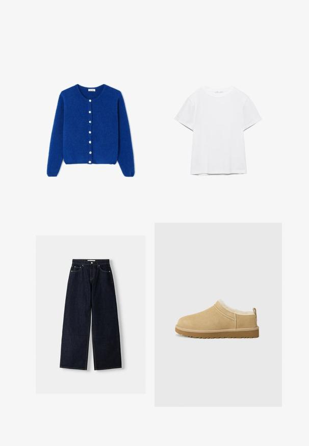 Blauer, flauschiger Langarm-Cardigan mit rundem Ausschnitt und sieben weißen Knöpfen vorne, flach auf weißem Hintergrund liegend dargestellt.; Unifarbenes weißes T-Shirt mit kurzen Ärmeln und Rundhalsausschnitt, gerader Saum, dargestellt auf weißem Hintergrund.; Dunkelblaue, weite Jeans mit hoher Taille, fünf Taschen, Kontrastnähten und silbernem Metallzubehör. Glatte Textur und saubere Verarbeitung.; Suede Slipper in hellbraun, ausgestattet mit einem weichen Fellfutter und einer strukturierten Gummisole mit einem leichten Absatz sowie einer Zugschlaufe hinten für einfaches An- und Ausziehen.
