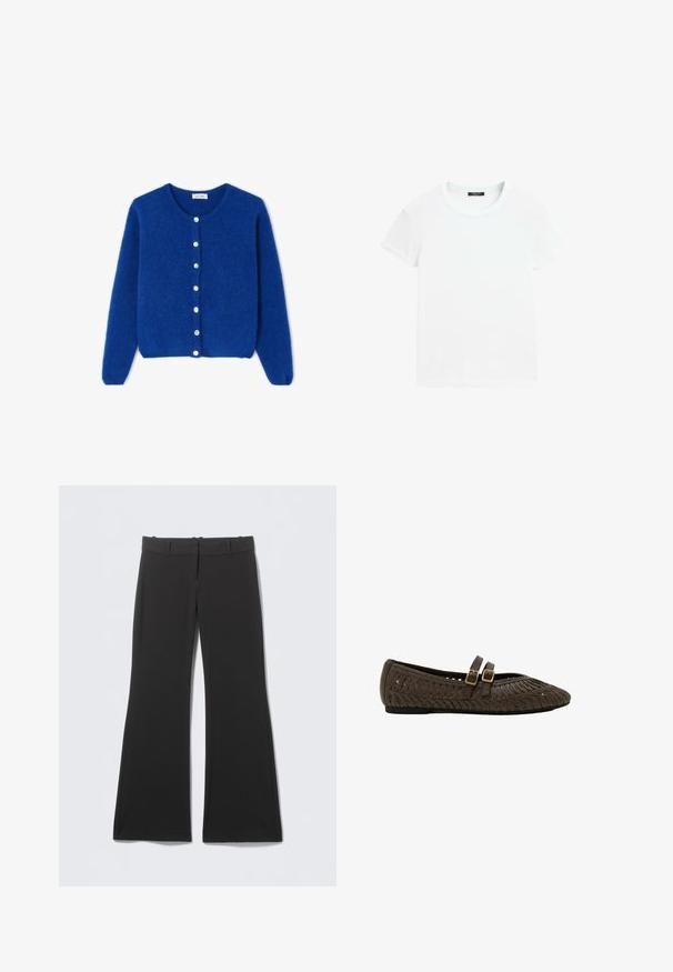 Blå, blød cardigan med lange ærmer, rund halsudskæring og syv hvide knapper ned foran, vist fladt på en hvid baggrund.; Hvid t-shirt med korte ærmer og rund halsudskæring, lagt fladt på en hvid baggrund.; Sorte vide bukser med en glat stoftekstur, der har en klassisk talje og skjult lynlås foran. Ingen synlige mønstre eller accenter.; Brun flettet flad sko med dobbelte justerbare stropper og gyldne spænder, rundet tå og sort sål.