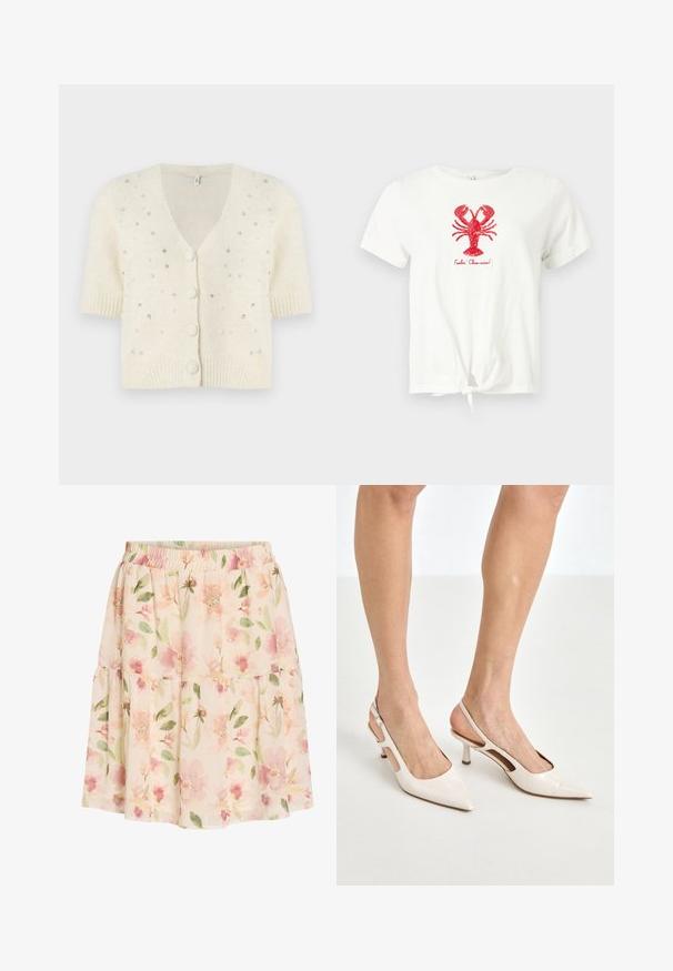 Cardigan à manches courtes, crème, en tissu doux, avec un col en V, une fermeture à boutons et des embellissements de petites perles brillantes sur l'ensemble.; T-shirt blanc à manches courtes avec nœud devant, motif homard rouge en sequins, et texte "Feelin' Claw-some !" sous le homard.; Jupe à volants fleurie rose clair avec taille élastique, présentant un motif de feuilles et fleurs vert tendre et pêche.; Escarpins à talon slingback en cuir verni beige avec un bout pointu et un talon de 5 cm, présentant des côtés découpés et une fine bride à la cheville.