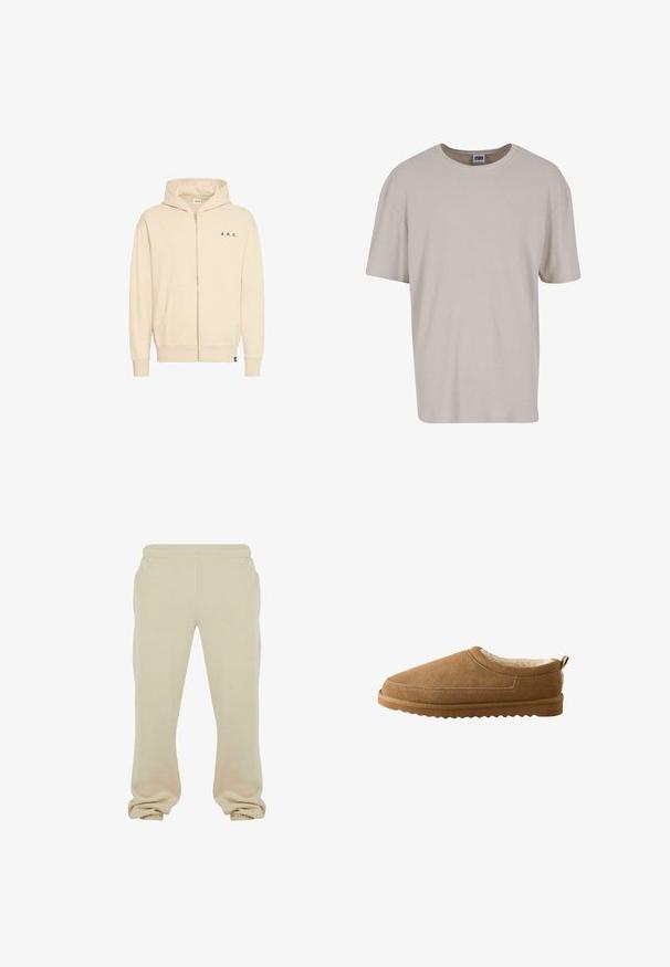 Sweat à capuche beige à fermeture éclair en tissu doux, avec une poche kangourou, un cordon de serrage au niveau de la capuche et une inscription "A.R.C." en noir sur la poitrine.; T-shirt beige clair à manches courtes en tissu texturé, avec un col rond et une coupe ample. Aucun motif ni matériel visible.; Pantalons de survêtement beige en doux mélange de coton, dotés d'une taille élastique et de poignets, avec une coupe décontractée et une texture lisse.; Chausson en daim brun avec doublure intérieure douce couleur crème et semelle en caoutchouc texturée, vu de côté sur un fond blanc.