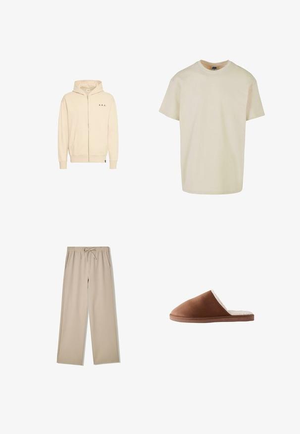 Sweat à capuche beige à fermeture éclair en tissu doux, avec une poche kangourou, un cordon de serrage au niveau de la capuche et une inscription "A.R.C." en noir sur la poitrine.; T-shirt à manches courtes et col rond en coton beige clair. Coupe classique avec un ourlet droit et sans graphismes ni accent.; Pantalon beige à jambes larges avec taille élastique et cordon de serrage, doté de poches latérales, posé à plat sur fond blanc.; Chausson en suede marron avec une douce doublure en fausse fourrure blanche, présentant un design à bout fermé et une semelle plate et texturée.