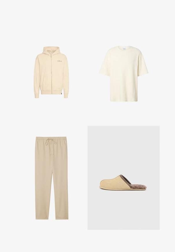 Beige φούτερ με φερμουάρ φτιαγμένο από μαλακό ύφασμα, με καγκουρό τσέπη, ρύθμιση κουκούλας και μαύρα γράμματα "A.R.C." στο στήθος.; Μπεζ κοντομάνικο πλεκτό τοπ με στρογγυλή λαιμόκοψη, χαλαρή εφαρμογή και διακριτικό ανάγλυφο λογότυπο στο στήθος.; Μπεζ, ελαφριά παντελόνια με ελαστική μέση και κορδόνι. Σχεδίαση ίσιας γραμμής; λεία υφή χωρίς σχέδια ή διακοσμήσεις.; Μπεζ παντόφλα τύπου slip-on με καφέ περιθώριο και μαλακή γούνινη επένδυση, επίπεδη σόλα και κλειστή μύτη, πλευρική όψη σε απλό φωτεινό φόντο.