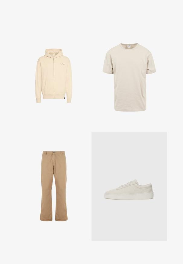 Sweat à capuche beige à fermeture éclair en tissu doux, avec une poche kangourou, un cordon de serrage au niveau de la capuche et une inscription "A.R.C." en noir sur la poitrine.; T-shirt en coton beige, manches courtes, encolure ronde, coupe décontractée. Texture lisse avec un design simple et sans ornement.; Pantalons en coton beige à coupe droite, dotés d'une fermeture à bouton, de poches avant et d'une texture lisse.; Baskets beiges avec une finition en daim lisse, bout rond et semelle en caoutchouc plate. Présentent un système de laçage et un design minimaliste avec des coutures discrètes.