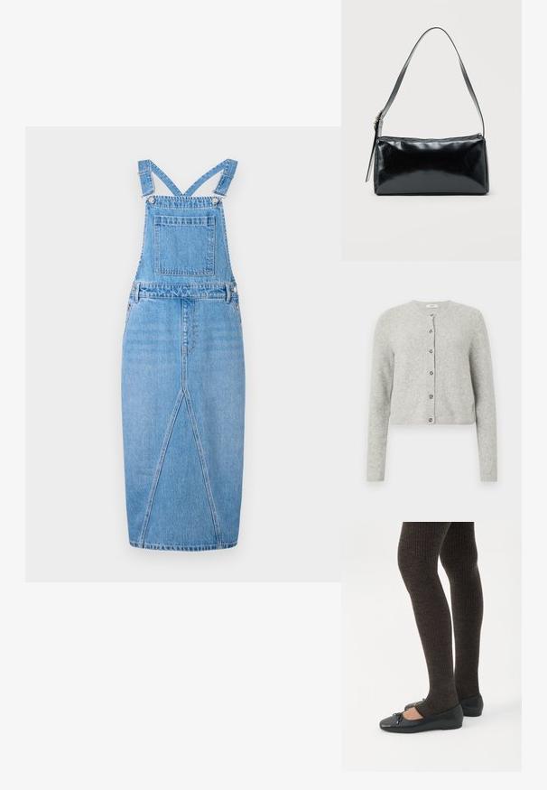 Lichtgrijze cardigan van een zachte, textuurrijke stof. Heeft een ronde halslijn, lange mouwen en een knopenfront met zes knopen.; Lichtblauwe denim tuinbroekjurk met verstelbare schouderbanden, een voorzak, een rechte rok met een subtiele split en een gladde textuur.; Benen met donkere geribbelde leggings gecombineerd met zwarte ballerina's met kleine strikdetails op een witte achtergrond.; Zwarte rechthoekige schoudertas met een enkele verstelbare band en een bovenste ritssluiting op een effen achtergrond.