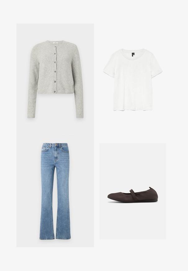 Cárdigan gris claro hecho de una tela suave y texturizada. Presenta un escote redondo, mangas largas y un cierre frontal de botones con seis botones.; Camiseta blanca de manga corta con un cuello redondo, hecha de tejido ligero. Diseño simple, textura suave y dobladillo recto.; Jeans de denim azul claro con un diseño de pierna acampanada, cintura alta y hardware mínimo. Presenta un estilo clásico de cinco bolsillos y costuras sutiles.; Zapato plano de ballet marrón con correa elástica y puntera redondeada, mostrado sobre un fondo blanco, vista lateral.