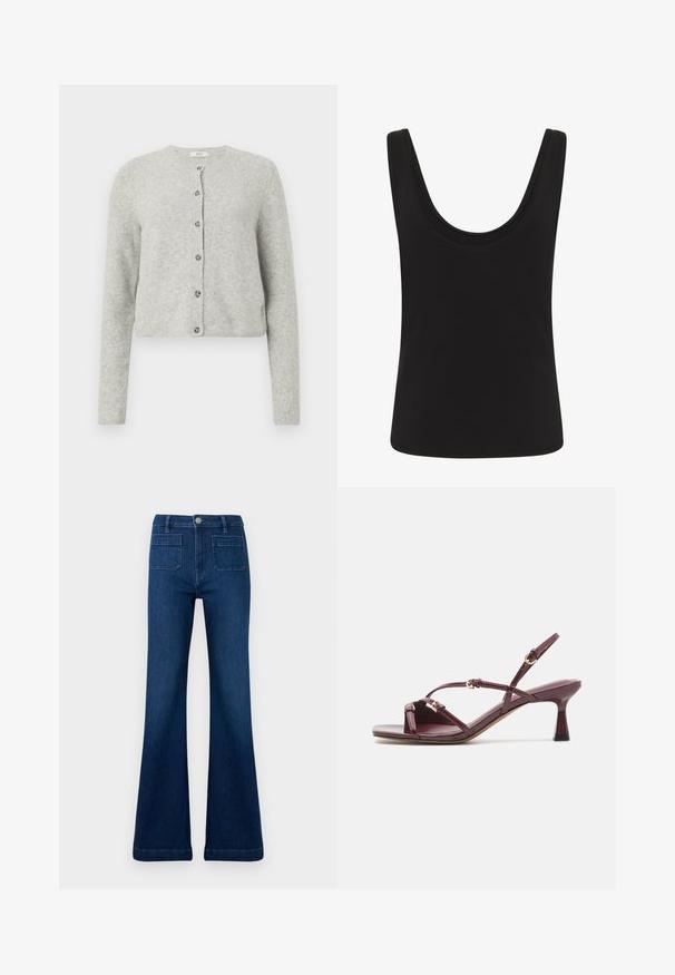Cárdigan gris claro hecho de una tela suave y texturizada. Presenta un escote redondo, mangas largas y un cierre frontal de botones con seis botones.; Camiseta sin mangas negra con tirantes anchos y escote redondeado, diseño liso, vista frontal.; Jeans acampanados de color azul oscuro fabricados en mezclilla, con una cintura alta, dos bolsillos traseros y costuras en contraste a lo largo de las costuras.; Call it Spring DIANAH - Sandalias - bordo