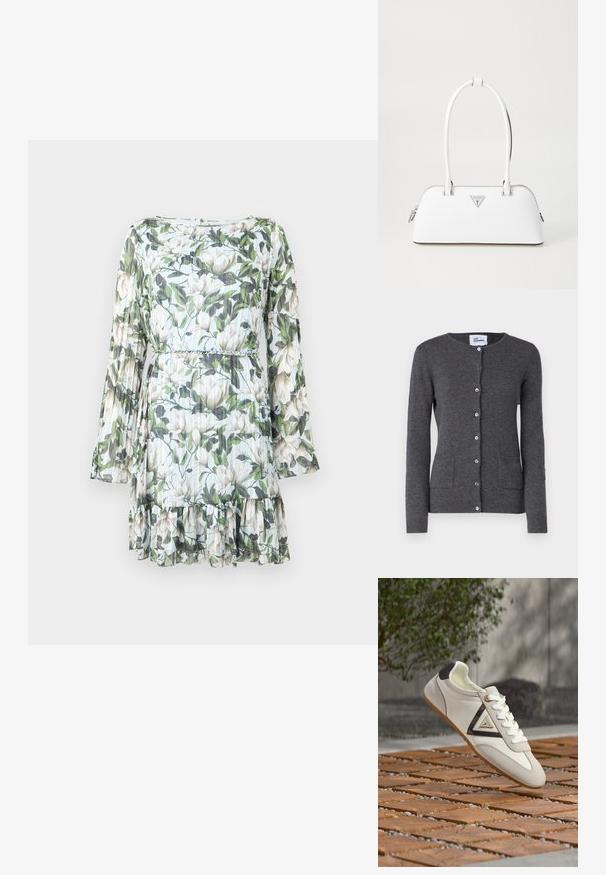 Grå cardigan lavet af blødt stof, med v-hals, knapper foran og to forlommer. Tæt siddende design med lange ærmer.; Langærmet, grøn og hvid blomsterprintet kjole med plisseringer, et flettet taljebælte og flæsekanter nederst på en lys baggrund.; Hvid sneaker med ruskindsd detaljer, sort hælpatch og trekantet logo på siden, vist over tekstureret træ- og stenbelægning.; Hvid lædertaske med en buet form, der har et sølvtrapezlogo og lynlåslukning. Glat tekstur og dobbelthåndtag.