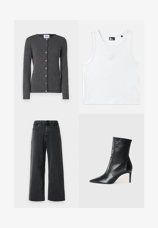Cárdigan gris hecho de tela suave, con escote en V, botones en el frente y dos bolsillos delanteros. Diseño ajustado con mangas largas.; Camiseta sin mangas blanca de algodón, con un escote redondo, ojales para los brazos y un pequeño logotipo en relieve en el centro frente. Textura suave.; Pantalones vaqueros de corte ancho en negro con botón delantero y cremallera, trabillas para cinturón y bolsillos frontales sobre un fondo blanco liso.; Botas negras hasta el tobillo hechas de cuero suave, con punta afilada, caña ajustada y tacón alto delgado. Diseño minimalista sin herrajes visibles.