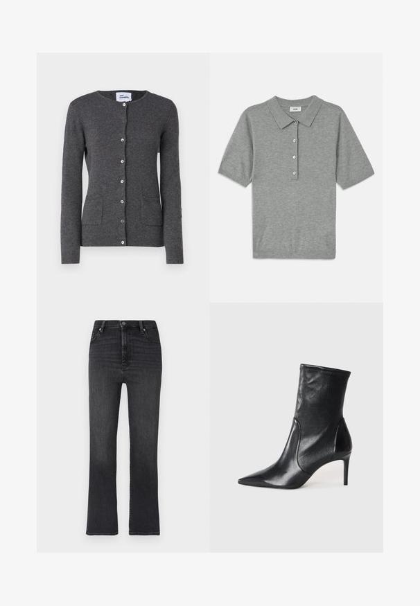 Grijze cardigan van zachte stof, met een v-hals, knopen aan de voorkant en twee zijzakken. Strak model met lange mouwen.; Grijze polo shirt gemaakt van zacht, textuurstof, met een kraag, korte mouwen en een knoopsluiting met vier knopen.; Zwarte denim jeans met een hoge taille en een rechte pijp, voorzien van vijf zakken en een ritssluiting, gemaakt van een gladde, licht vervaagde stof.; Zwarte enkelboots van soepel leer, met een spitse neus, een aangesloten schacht en een slanke hoge hak. Minimalistisch ontwerp zonder zichtbare hardware.