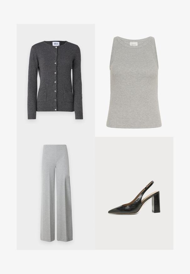 Cárdigan gris hecho de tela suave, con escote en V, botones en el frente y dos bolsillos delanteros. Diseño ajustado con mangas largas.; Camiseta sin mangas gris con cuello redondo y diseño sin mangas. Fabricada con tela suave, presenta una silueta ajustada y costuras mínimas.; Pantalones de pierna ancha gris hechos de una tela suave y elástica. Presentan una cintura alta y un diseño minimalista y suave sin detalles adicionales.; Zapato slingback de piel negra con puntera puntiaguda, tacón alto y ancho, y forro interior beige sobre un fondo claro y liso.