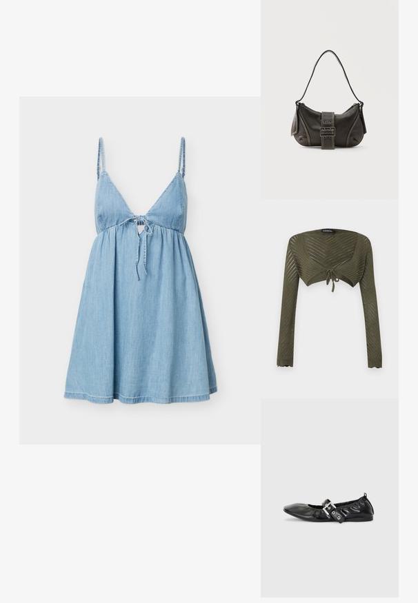 Shrug tricoté court vert olive à manches longues avec motif ajouré chevron et fermeture à nouer devant.; Robe en denim bleu clair sans manches avec fines bretelles et détail noué à l'avant, dotée d'un corsage ajusté et d'une jupe évasée.; Chaussure plate en cuir noir avec un nez pointu, des détails froncés autour de l'ouverture et un accent en boucle argentée sur la bride ajustable.; Sac à épaule en cuir noir avec une sangle à boucle, des bords arrondis et des coutures blanches contrastées sur un fond uni.