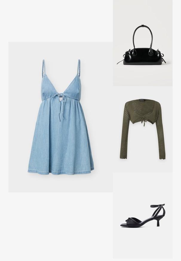 Shrug tricoté court vert olive à manches longues avec motif ajouré chevron et fermeture à nouer devant.; Robe en denim bleu clair sans manches avec fines bretelles et détail noué à l'avant, dotée d'un corsage ajusté et d'une jupe évasée.; Sandale à talon ouverte noire avec bride à la cheville, petit détail de nœud sur la bride avant, et un talon bas effilé sur un fond uni.; Petit sac à main noir brillant avec deux longues anses et des détails à cordon sur les côtés sur un fond clair uni.