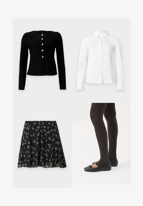 Cardigan long à manches noires en tricot, avec un col rond et six boutons à l'avant avec une finition brillante.; Chemise blanche à manches longues avec boutons, col pointu, ourlet droit et silhouette ajustée, présentée sur un fond clair uni.; Jupe plissée noire avec imprimé floral blanc et olive, tissu fluide à texture subtile, coupe mi-longue.; Jambes portant des leggings côtelés foncés associés à des ballerines noires avec de petits détails en nœud sur fond blanc.