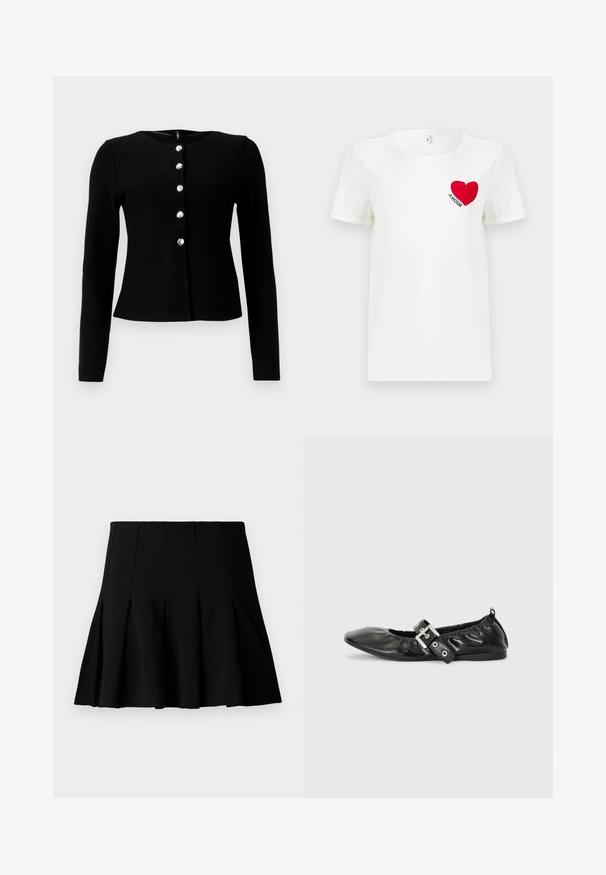 Sort langærmet cardigan lavet af strikket materiale, med en rund halsudskæring og seks frontknapper med en skinnende overflade.; Hvid T-shirt med korte ærmer, prydet med et rødt hjerte og ordet "AMOUR" trykt på venstre bryst.; Sort kort plisseret nederdel lavet af et glat stof. Har en elastisk talje og en flagrende silhuet, der når til midten af låret.; Sorte læder flade sko med spids tå, samling detaljer omkring åbningen, og en sølv spænde accent på den justerbare rem.