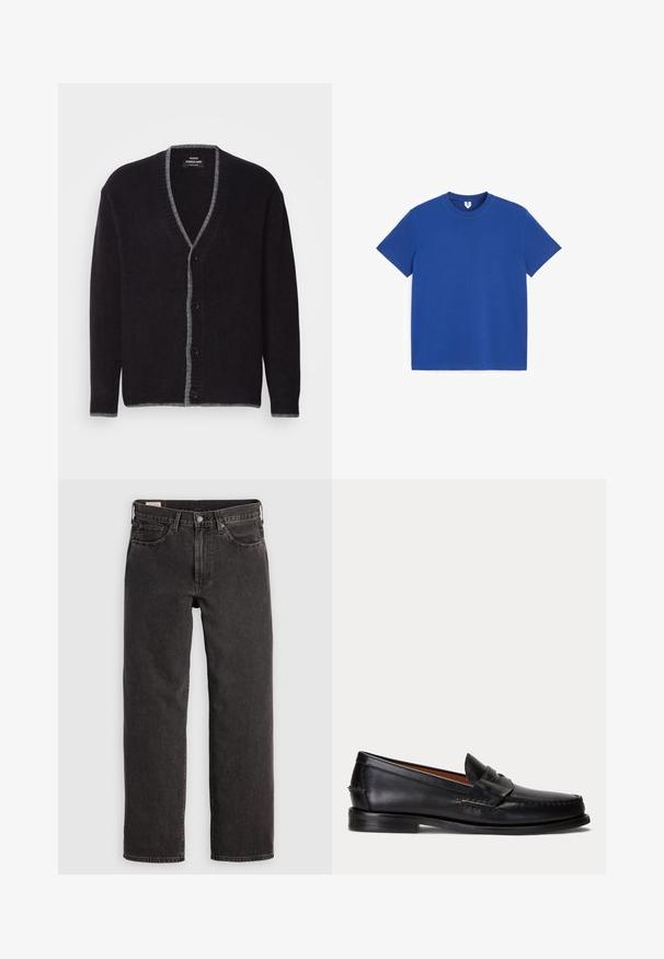 Mørkegrå button-up cardigan med lysere grå kant langs V-halsen, fronten, manchetterne og kanten.; Ensfarvet blå T-shirt med korte ærmer og rund hals, lagt fladt på en hvid baggrund.; Sorte denim jeans med lige ben, fem lommer og metalbeslag. Stoffet har en let struktur og en ensfarvet finish.; Sort læderloafer med lav hæl og pennyremdetalje, vist fra siden på en lysegrå baggrund.