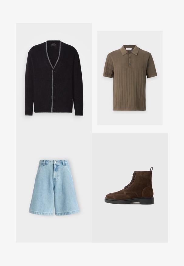 Mørkegrå button-up cardigan med lysere grå kant langs V-halsen, fronten, manchetterne og kanten.; Kortærmet strikket polo i olivengrøn med lodret ribstruktur og tre-knaps stolpelukning.; Lyseblå denimshorts med høj talje, forrest knap og lynlås, bæltestropper og to sidelommer.; Brune ruskinds ankelstøvler med en rund tå, sorte snørebånd, dekorative stikninger og en tekstureret gummisål. Løkke ved hælen for nem påtagning.