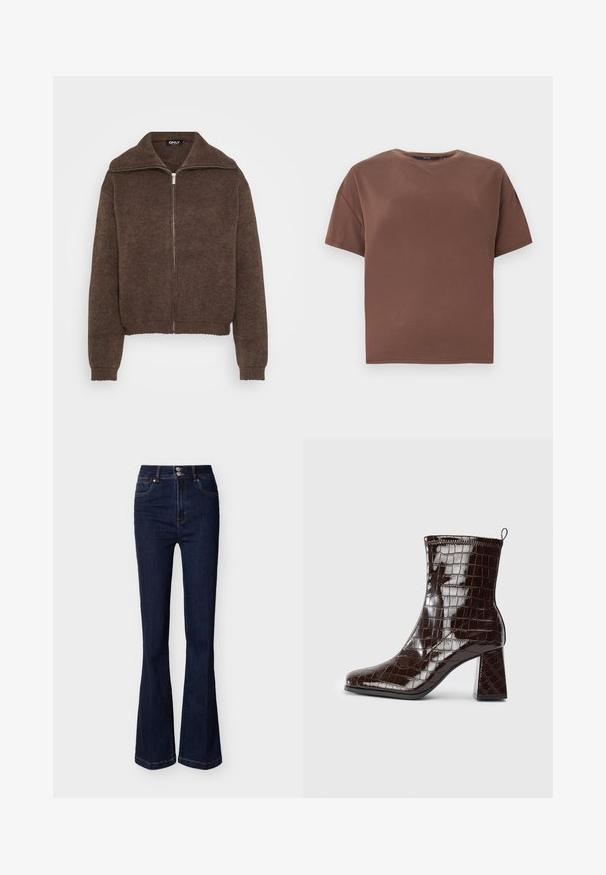 Brun strikket sweater med høj krave og lynlås foran. Har ribbede mansjetter og kant, der giver et struktureret udseende.; Brun T-shirt med korte ærmer og rund hals med afslappet pasform, ensfarvet design og uden synlige logoer eller mønstre mod en ensfarvet hvid baggrund.; Mørkeblå, højtaljede denimjeans med vide ben, forlommer og dobbelt knaplukning i taljen.; Mørkebrun patentlæder ankelstøvle med krokodillemønster, blokhæl og trækstrop bagpå mod hvid baggrund.