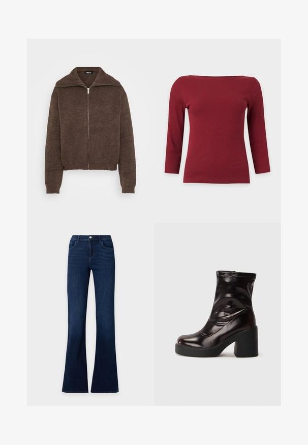 Brun strikket sweater med høj krave og lynlås foran. Har ribbede mansjetter og kant, der giver et struktureret udseende.; Enkelt mørkerødt ribstrikket top med lange ærmer, bred bådudskæring og tætsiddende silhuet på lysegrå baggrund.; Mørkeblå denimjeans med flared ben, forlommer og knaplukning ved taljen.; Lysende sorte ankelstøvler med kraftig blokhæl og rund tå, glat læderoverdel med diskrete syninger.