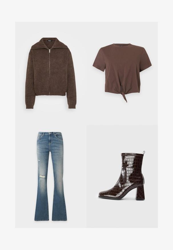 Brauner Strickpullover mit hohem Kragen und Reißverschluss vorne. Verfügt über gerippte Bündchen und Saum, was ein strukturiertes Aussehen verleiht.; Braunes kurzärmeliges Croptop mit vorne gebundenem Knoten, Rundhalsausschnitt und einfachem nahtlosem Design auf einfarbigem Hintergrund.; Blaue Denim-Flare-Jeans mit abgenutzten Details am linken Oberschenkel und Knie, Frontknopf und Fünf-Taschen-Design.; Dunkelbraune Lackleder-Ankle Boots mit Krokodillederstruktur, Blockabsatz und Zuglasche hinten vor weißem Hintergrund.