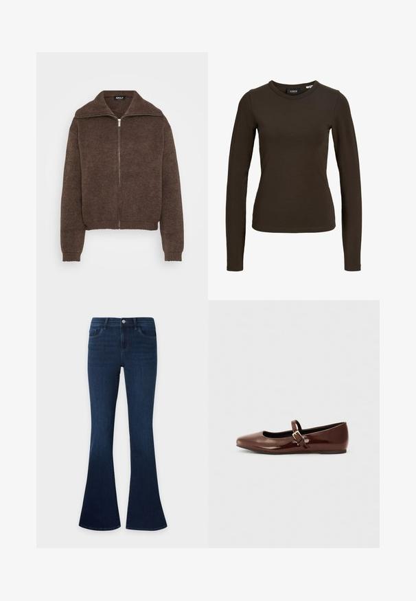 Brun strikket sweater med høj krave og lynlås foran. Har ribbede mansjetter og kant, der giver et struktureret udseende.; Mørkebrun langærmet tætsiddende T-shirt med rund hals, med enkelt design og glat stofstruktur, vist på en ensfarvet hvid baggrund.; Mørkeblå denimjeans med høj talje og flared ben, med forlommer, bæltestropper og knaplukning.; Brun patentlæder balletflade med firkantet tå og strop med en lille guldbuckle. Glat tekstur, lav hæl og minimalistisk design.