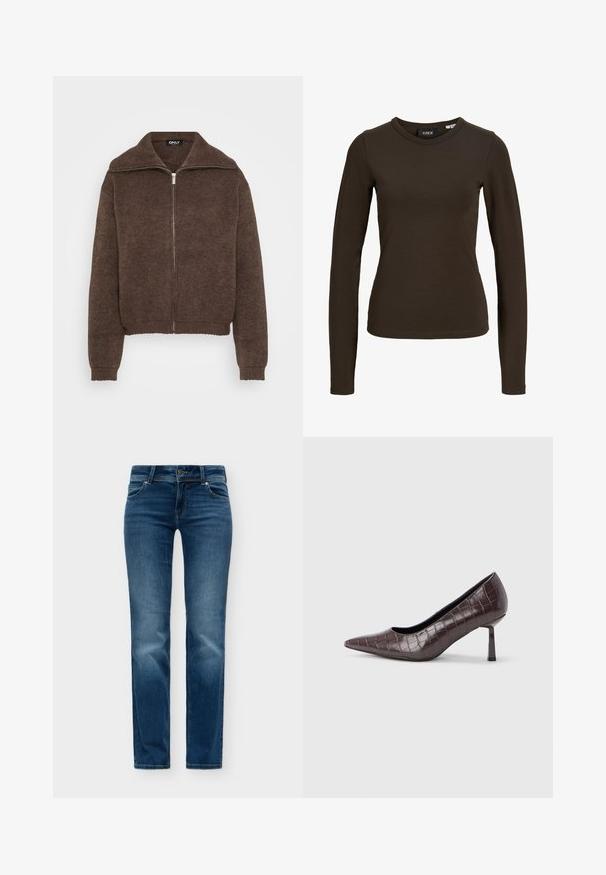 Brauner Strickpullover mit hohem Kragen und Reißverschluss vorne. Verfügt über gerippte Bündchen und Saum, was ein strukturiertes Aussehen verleiht.; Dunkelbraunes, eng anliegendes Langarmshirt mit Rundhalsausschnitt, einfachem Design und glatter Stoffstruktur, auf weißem Hintergrund dargestellt.; Blaue Denim-Jeans mit klassischem Fünf-Taschen-Design, Knopf- und Reißverschluss sowie leichter Ausbleichung an den vorderen Oberschenkeln und Knien.; Braune Pumps mit spitz zulaufender Spitze aus Kunstleder in Krokodiloptik, mit schlankem, eckigem Absatz und glatter Innenfütterung.