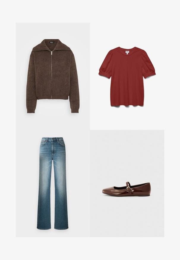 Suéter marrón de punto con un cuello alto y cierre frontal de cremallera. Cuenta con puños y dobladillo acanalados, que ofrecen una apariencia texturizada.; Blusa de manga corta en rojo óxido con mangas abullonadas, cuello redondo y detalle ajustado en el puño.; Jeans de mezclilla de tiro alto y pernera ancha en un tono azul claro. Presentan un diseño de cinco bolsillos y un efecto de desvanecimiento de arriba a abajo.; Bailarina de charol marrón con punta cuadrada y tira que presenta una pequeña hebilla dorada. Textura suave, tacón bajo y diseño minimalista.