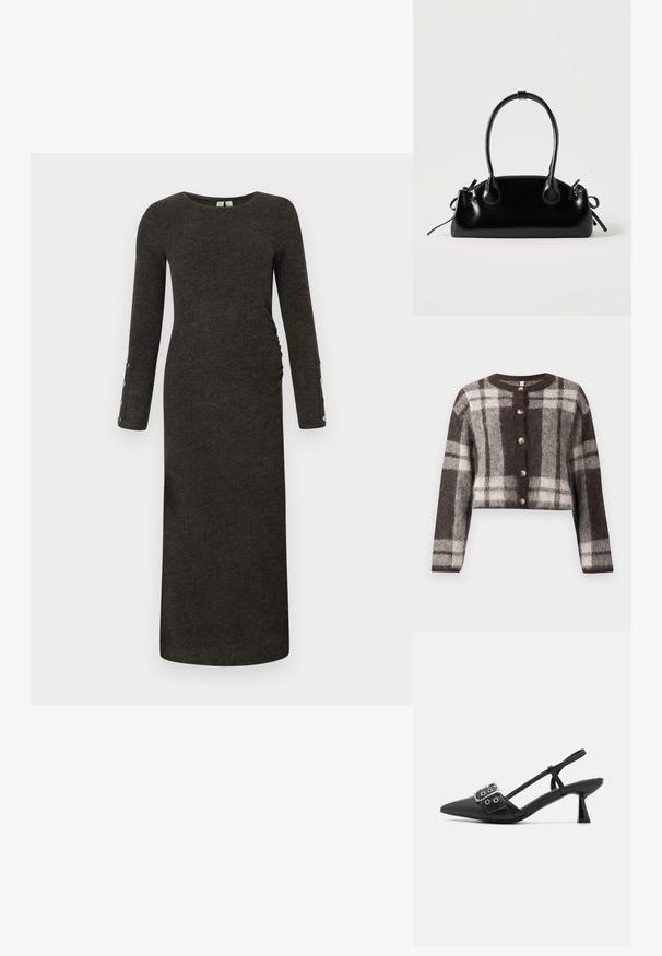 Cardigan court à carreaux marron et crème avec un col rond, cinq boutons et une texture douce. Manches longues avec une coupe décontractée.; Robe à manches longues, gris foncé, en côtes avec une silhouette ajustée et des fronces sur les côtés. Présente des accents de boutons sur les poignets et une texture douce.; Simmi London DALA - Escarpins - black; Petit sac à main noir brillant avec deux longues anses et des détails à cordon sur les côtés sur un fond clair uni.