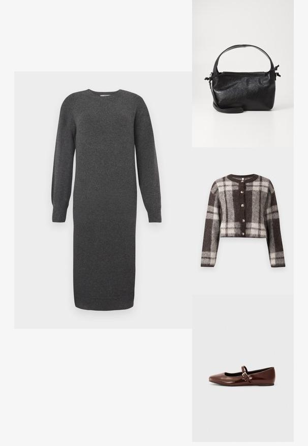 Cardigan court à carreaux marron et crème avec un col rond, cinq boutons et une texture douce. Manches longues avec une coupe décontractée.; Robe tricotée gris foncé avec des manches longues, un col rond et des poignets côtelés. Longueur mi-mollet et texture lisse. Design simple sans motifs.; Ballerine en cuir verni marron avec un bout carré et une lanière ornée d'une petite boucle dorée. Texture lisse, talon bas et design minimaliste.; Sac à main en cuir noir au design structuré, avec une poignée arrondie et une bandoulière amovible. Présente une texture lisse et un éclat subtil.