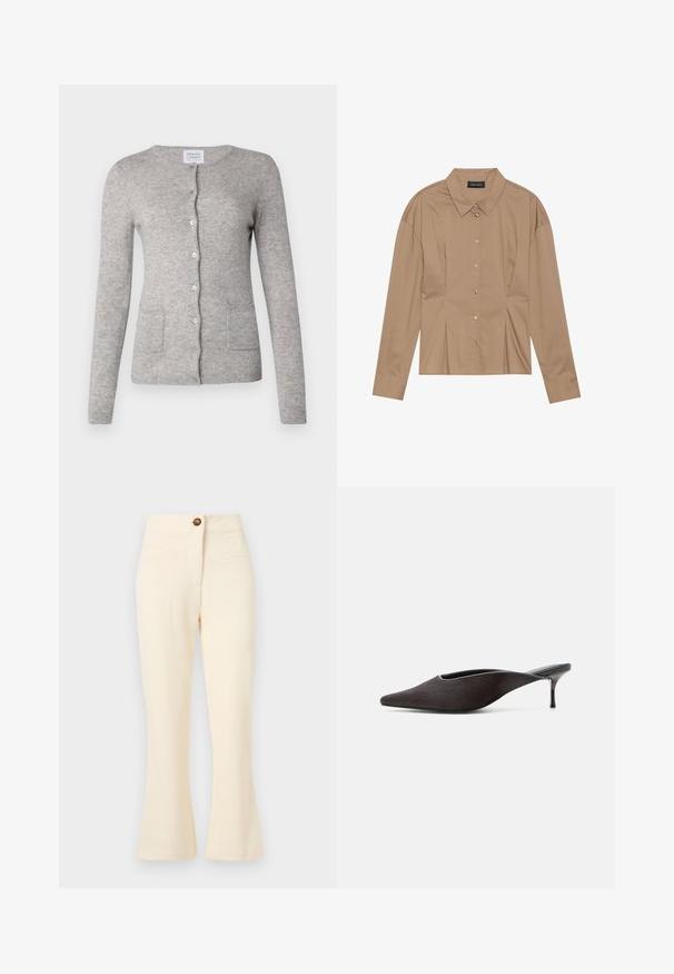 Vihreä kashmir-neulecardigan, jossa on pyöreä pääntie, pitkät hihat, nappikiinnitys ja kaksi etutaskua. Pehmeä rakenne klassisella istuvuudella.; Ruskea pitkähihaisneule, jossa on kauluksen yläosa, napitettava etuosa ja poimutustiedot. Valmistettu sileästä kankaasta, joka on muotoon sopiva.; Kermittevärvi flared püksid, millel on tekstureeritud materjal, ees taskud ja üks pruun nupp vöökoha juures.; Musta mules-kengät, joissa on terävä kärkiosa, matala piikkikorko ja sileä kiiltävä pinta, esitetty sivulta valkoisella taustalla.